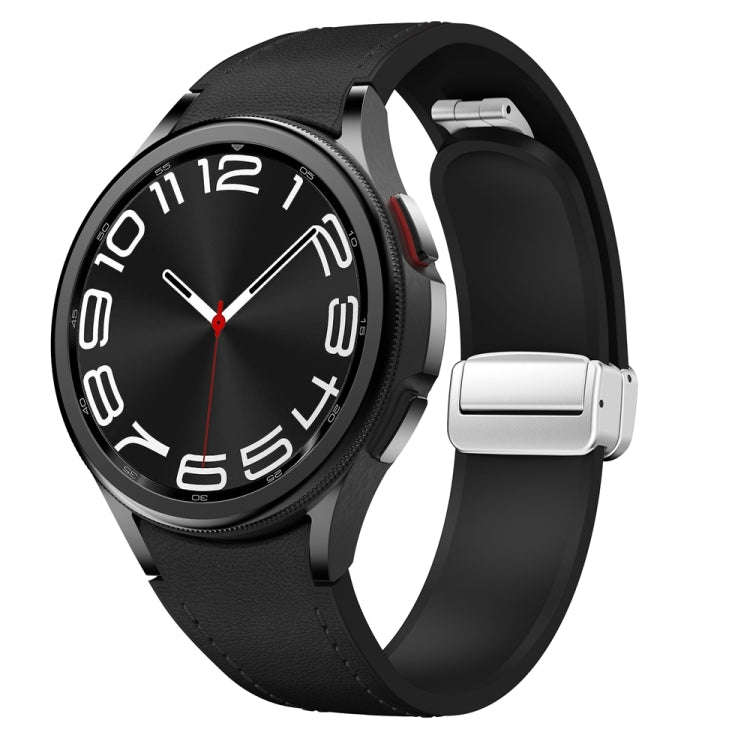 For Samsung Galaxy Watch 6 Magnetic Silver Buckle Leather Silicone Watch Band(Black)