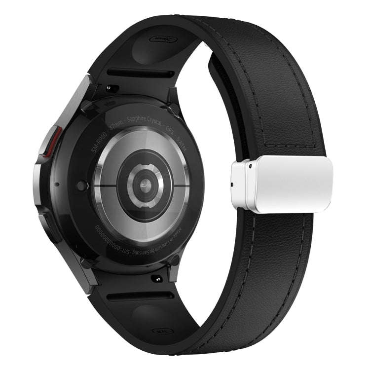 For Samsung Galaxy Watch 6 Magnetic Silver Buckle Leather Silicone Watch Band(Black)