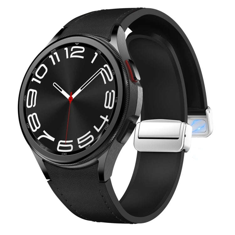 For Samsung Galaxy Watch 6 Magnetic Silver Buckle Leather Silicone Watch Band(Black)