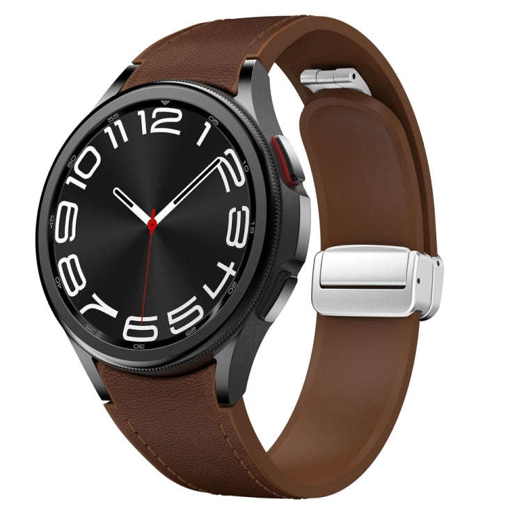 For Samsung Galaxy Watch 6 Magnetic Silver Buckle Leather Silicone Watch Band(Dark Brown)
