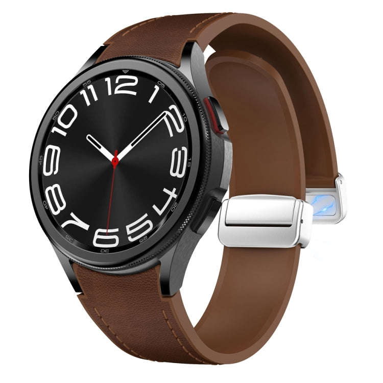 For Samsung Galaxy Watch 6 Magnetic Silver Buckle Leather Silicone Watch Band(Dark Brown)