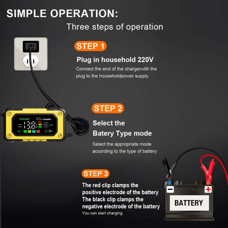 FOXSUR 7A 12V Car / Motorcycle Smart Battery Charger, Plug Type:EU Plug(Yellow)