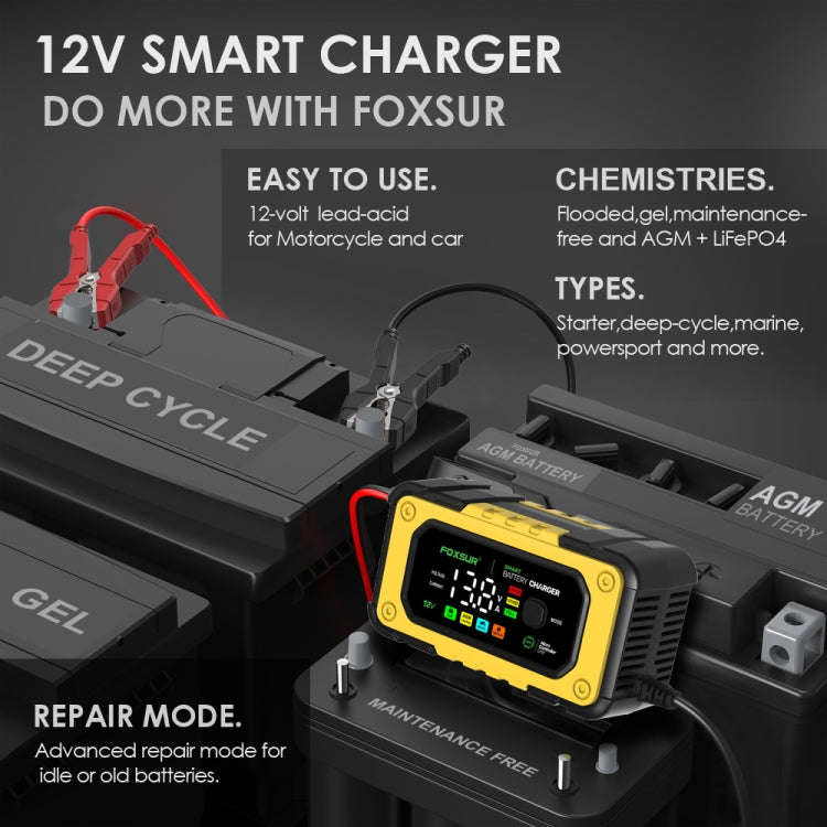 FOXSUR 7A 12V Car / Motorcycle Smart Battery Charger, Plug Type:US Plug(Yellow)