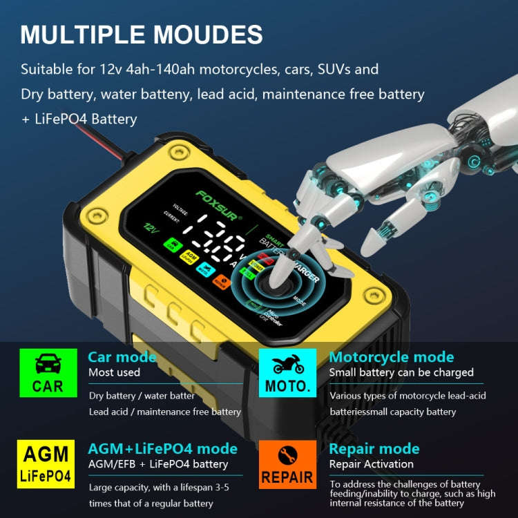 FOXSUR 7A 12V Car / Motorcycle Smart Battery Charger, Plug Type:US Plug(Yellow)