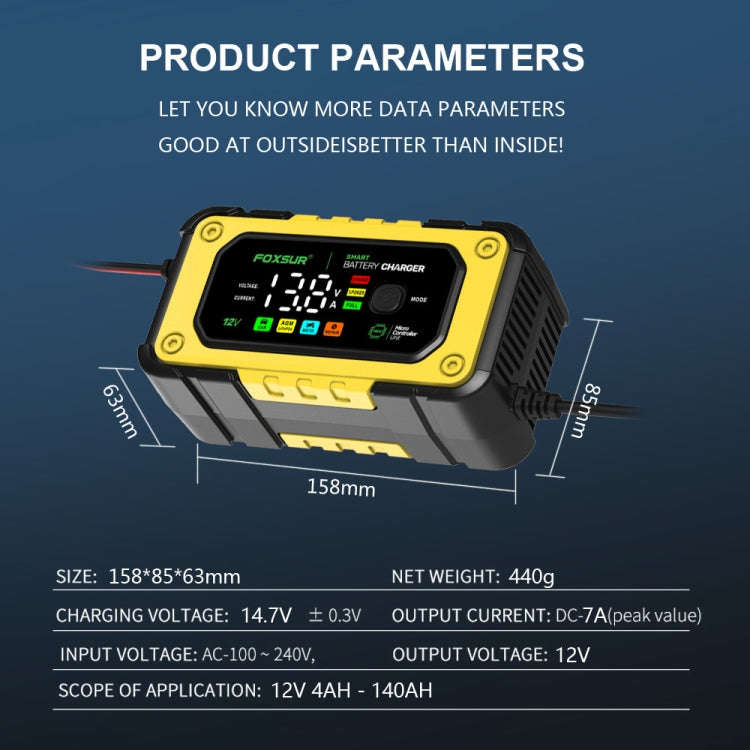 FOXSUR 7A 12V Car / Motorcycle Smart Battery Charger, Plug Type:US Plug(Yellow)
