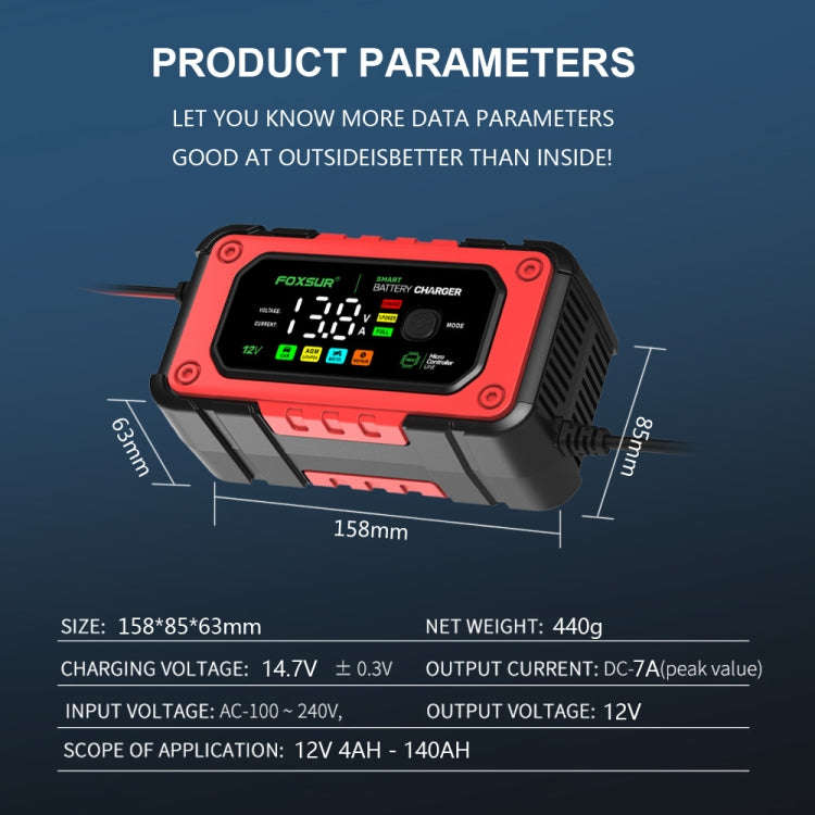 FOXSUR 7A 12V Car / Motorcycle Smart Battery Charger, Plug Type:UK Plug(Red)