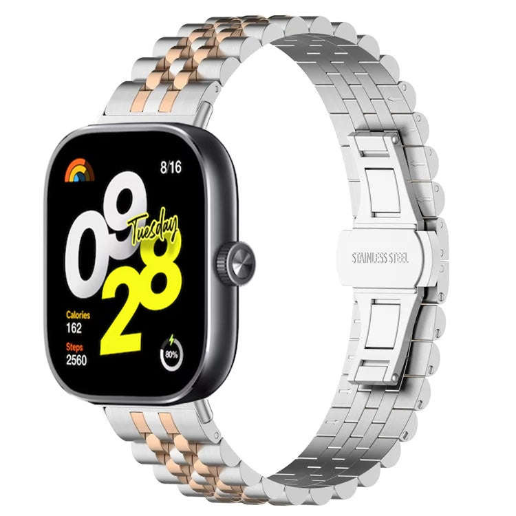 For  Xiaomi Redmi Watch 4 Five-bead Butterfly Buckle Metal Watch Band(Silver Rose Gold B)