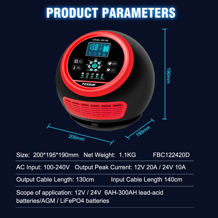 FOXSUR 20A 12V 24V Car / Motorcycle Smart Battery Charger, Plug Type:EU Plug(Red)
