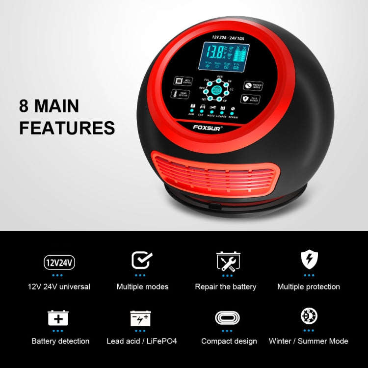 FOXSUR 20A 12V 24V Car / Motorcycle Smart Battery Charger, Plug Type:EU Plug(Red)