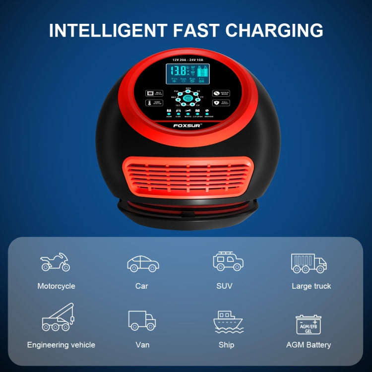 FOXSUR 20A 12V 24V Car / Motorcycle Smart Battery Charger, Plug Type:EU Plug(Red)