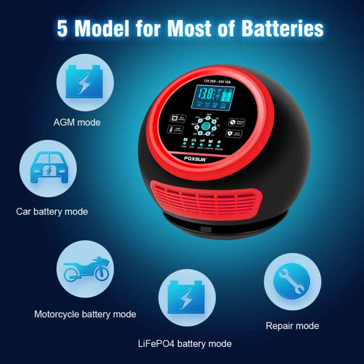 FOXSUR 20A 12V 24V Car / Motorcycle Smart Battery Charger, Plug Type:EU Plug(Red)