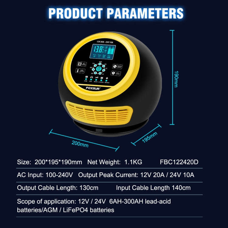 FOXSUR 20A 12V 24V Car / Motorcycle Smart Battery Charger, Plug Type:UK Plug(Yellow)