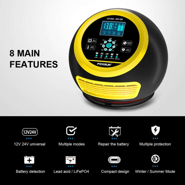 FOXSUR 20A 12V 24V Car / Motorcycle Smart Battery Charger, Plug Type:UK Plug(Yellow)