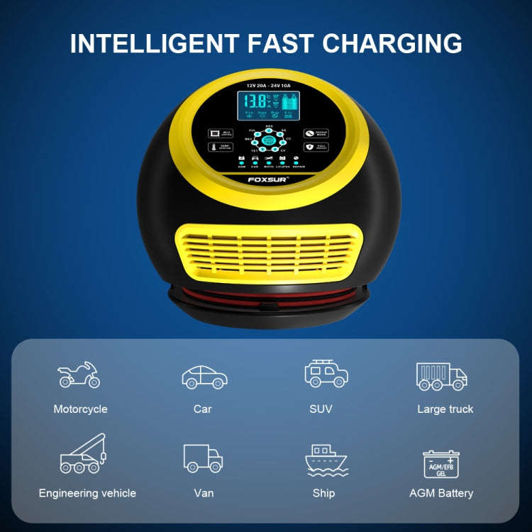 FOXSUR 20A 12V 24V Car / Motorcycle Smart Battery Charger, Plug Type:UK Plug(Yellow)