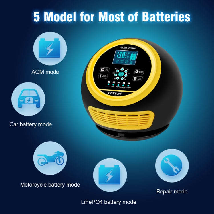 FOXSUR 20A 12V 24V Car / Motorcycle Smart Battery Charger, Plug Type:UK Plug(Yellow)