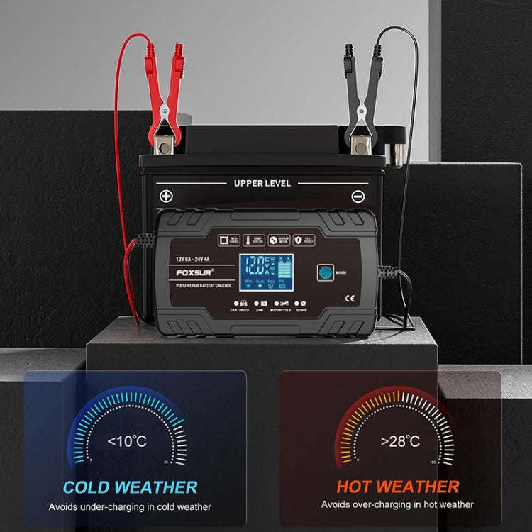 FOXSUR 8A 12V 24V Car / Motorcycle Smart Battery Charger, Plug Type:EU Plug(Black)