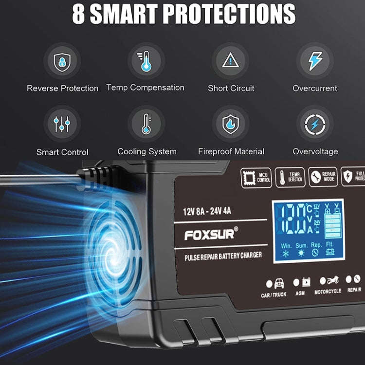 FOXSUR 8A 12V 24V Car / Motorcycle Smart Battery Charger, Plug Type:UK Plug(Black)