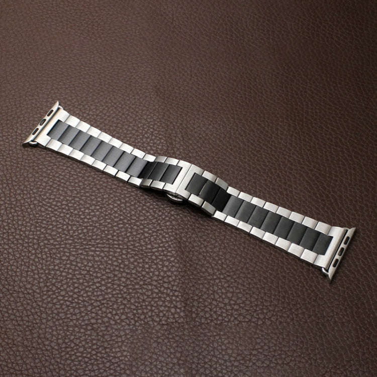 For Apple Watch SE 2022 44mm Three-bead Butterfly Buckle Metal Watch Band(Silver Black)
