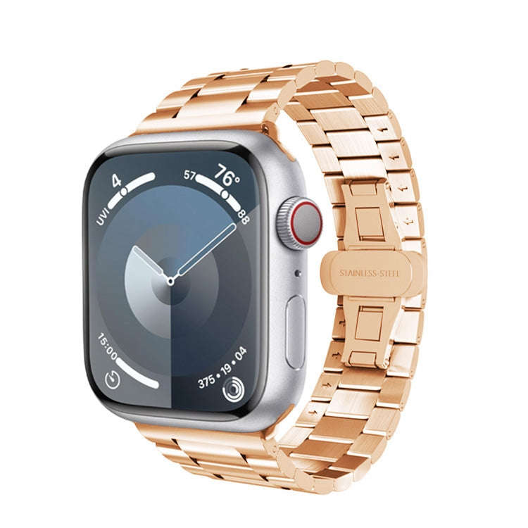 For Apple Watch SE 44mm Three-bead Butterfly Buckle Metal Watch Band(Rose Gold)
