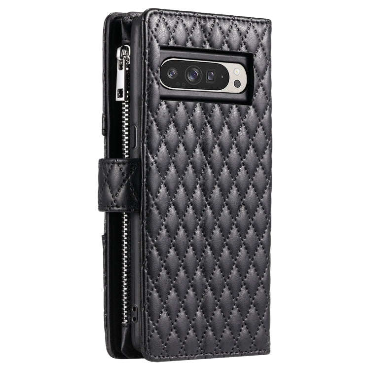 For Google Pixel 9 Pro XL Glitter Lattice Zipper Wallet Leather Phone Case(Black)