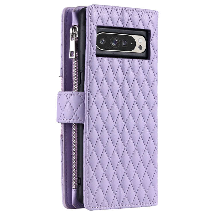For Google Pixel 9 Pro XL Glitter Lattice Zipper Wallet Leather Phone Case(Purple)