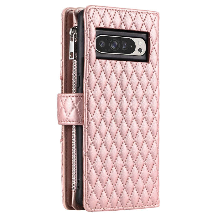 For Google Pixel 9 Pro XL Glitter Lattice Zipper Wallet Leather Phone Case(Rose Gold)