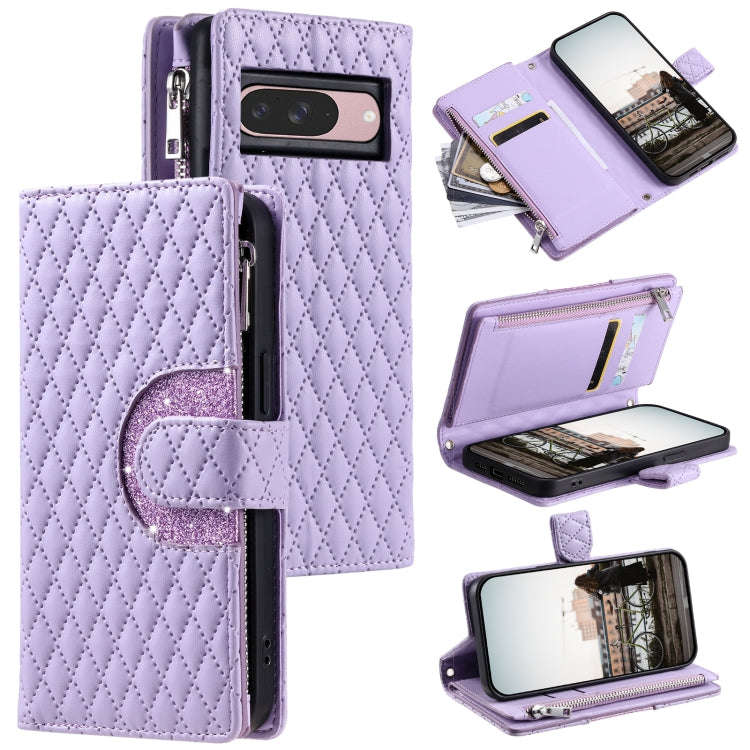 For Google Pixel 9 / 9 Pro Glitter Lattice Zipper Wallet Leather Phone Case(Purple)