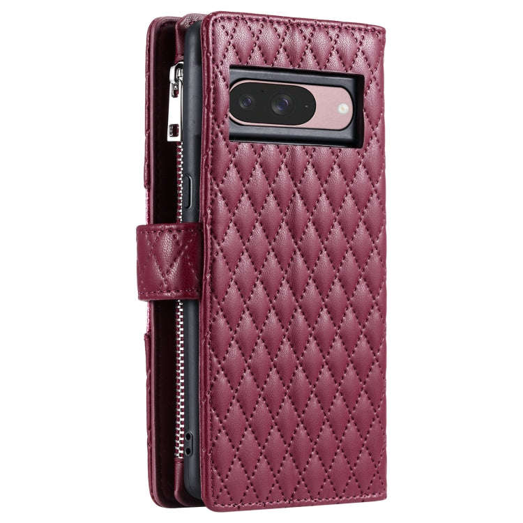 For Google Pixel 9 / 9 Pro Glitter Lattice Zipper Wallet Leather Phone Case(Wine Red)