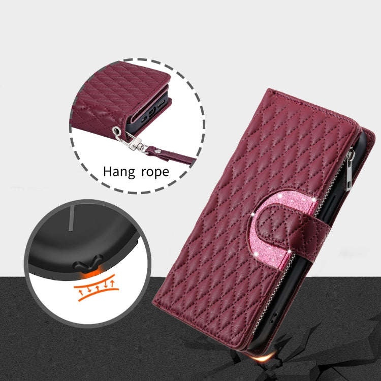 For Google Pixel 9 / 9 Pro Glitter Lattice Zipper Wallet Leather Phone Case(Wine Red)