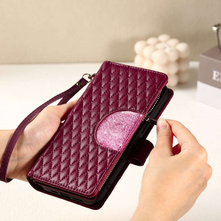 For Google Pixel 9 / 9 Pro Glitter Lattice Zipper Wallet Leather Phone Case(Wine Red)