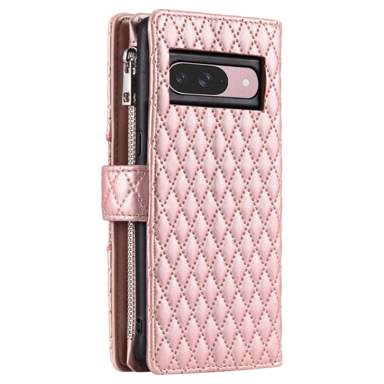 For Google Pixel 9 / 9 Pro Glitter Lattice Zipper Wallet Leather Phone Case(Rose Gold)