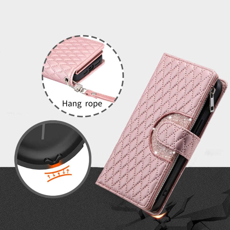 For Google Pixel 9 / 9 Pro Glitter Lattice Zipper Wallet Leather Phone Case(Rose Gold)