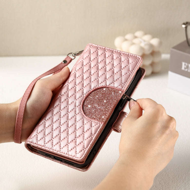 For Google Pixel 9 / 9 Pro Glitter Lattice Zipper Wallet Leather Phone Case(Rose Gold)