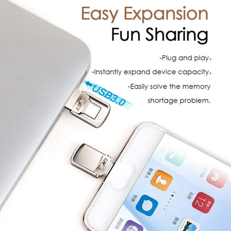 EAGET 128G USB 3.1 + USB-C Interface Metal Twister Flash U Disk, with Micro USB Adapter & Lanyard