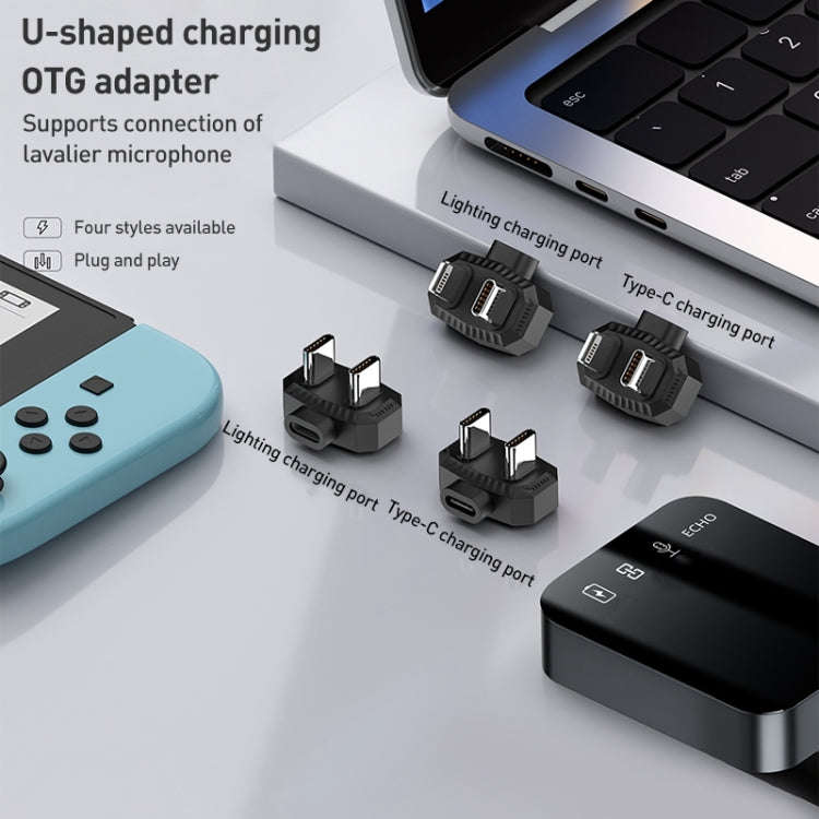 8 Pin to Dual USB-C / Type-C Lavalier Microphone U-shaped Charging Adapter OTG Converter(Black)