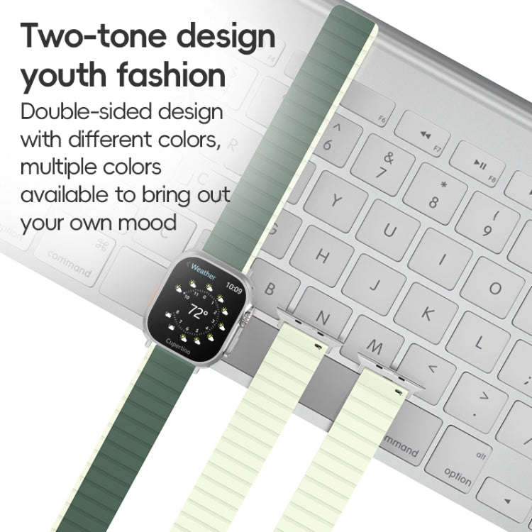 For Apple Watch SE 2023 44mm ZGA Two Color Magnetic Silicone Watch Band(Dark Green+Light Green)