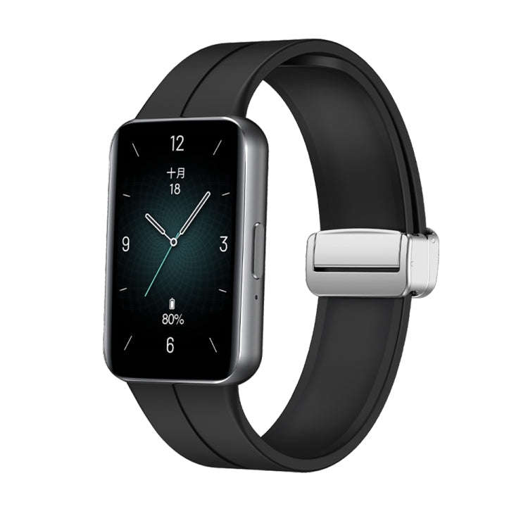 For Honor Band 9 Magnetic Folding Silver Buckle Silicone Watch Band(Black)