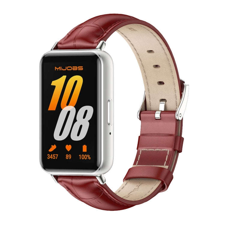 For Samsung Galaxy Fit 3 Mijobs Dual-sided Genuine Leather Watch Band(Bamboo Red Silver)