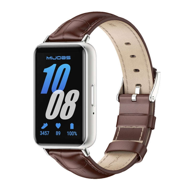For Samsung Galaxy Fit 3 Mijobs Dual-sided Genuine Leather Watch Band(Bamboo Coffee Silver)