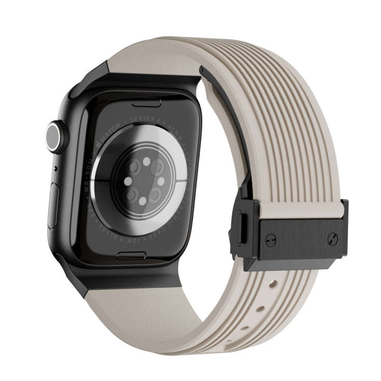 For Apple Watch 42mm Vertical Texture Black Buckle Elastic Silicone Watch Band(Starlight)