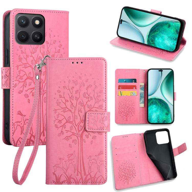 For Honor X8c 4G Tree & Deer Embossed Leather Phone Case(Pink)