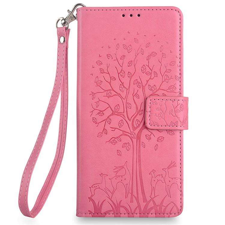 For Honor X8c 4G Tree & Deer Embossed Leather Phone Case(Pink)
