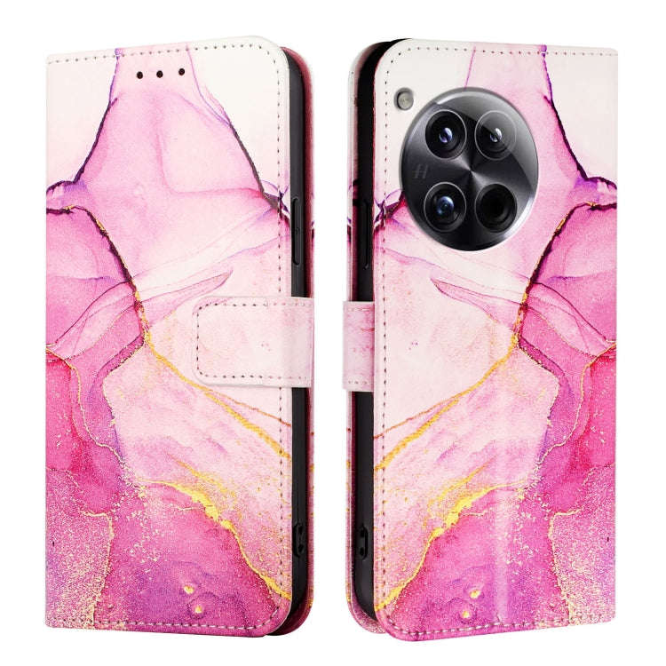 For OnePlus 12 5G Global PT003 Marble Pattern Flip Leather Phone Case(Pink Purple Gold)