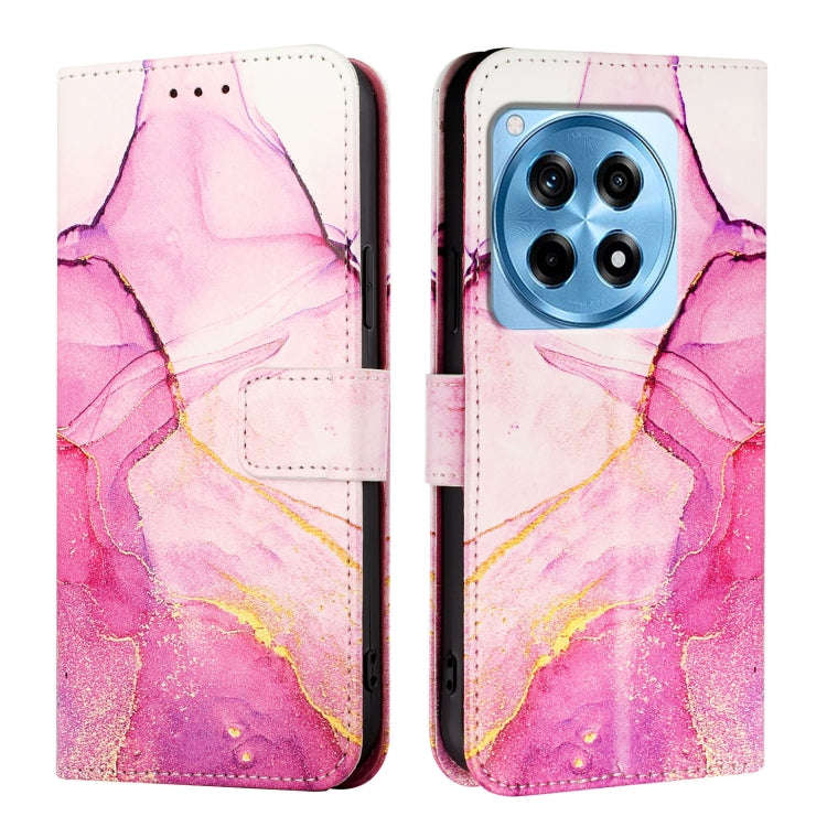 For OnePlus 12R 5G Global PT003 Marble Pattern Flip Leather Phone Case(Pink Purple Gold)