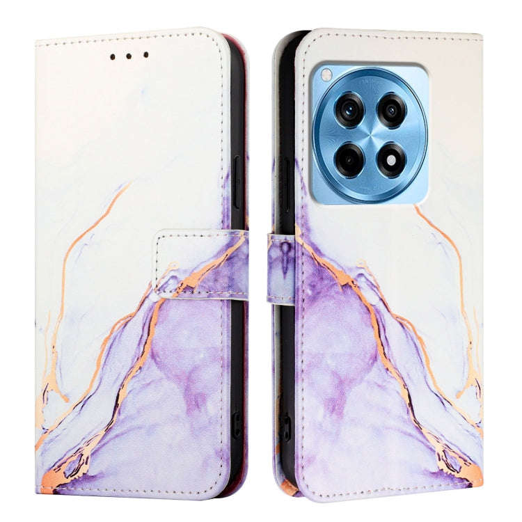 For OnePlus 12R 5G Global PT003 Marble Pattern Flip Leather Phone Case(White Purple)