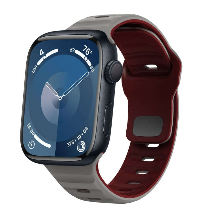 For Apple Watch Series 9 45mm Wave Texture Reverse Buckle Silicone Watch Band(Space Grey Wine Red)