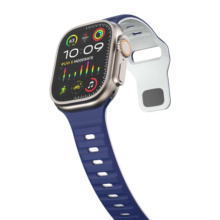 For Apple Watch SE 2022 44mm Wave Texture Reverse Buckle Silicone Watch Band(Midnight Blue White)