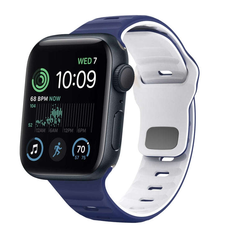 For Apple Watch SE 2022 44mm Wave Texture Reverse Buckle Silicone Watch Band(Midnight Blue White)