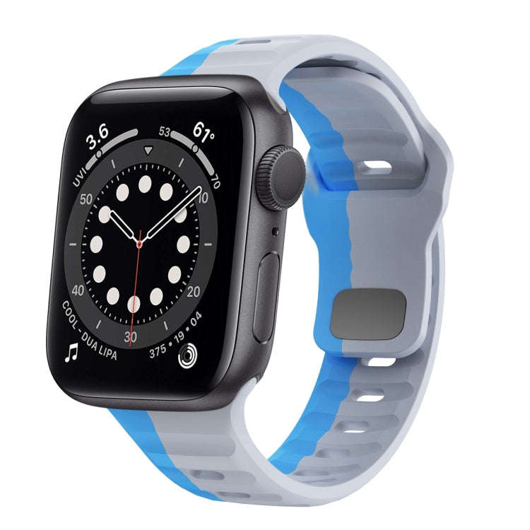 For Apple Watch Series 6 44mm Wave Texture Reverse Buckle Silicone Watch Band(Grey Blue)