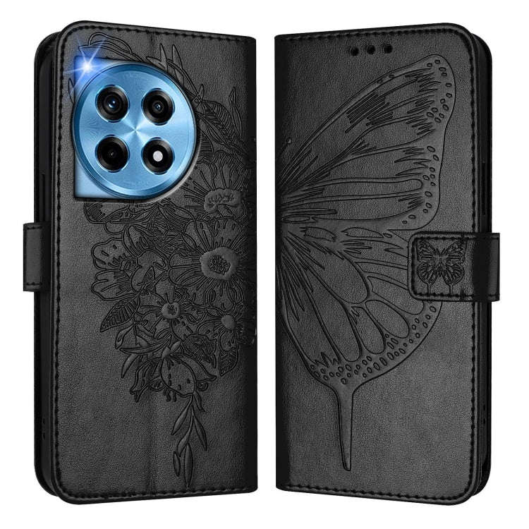 For OnePlus 12R 5G Global Embossed Butterfly Leather Phone Case(Black)